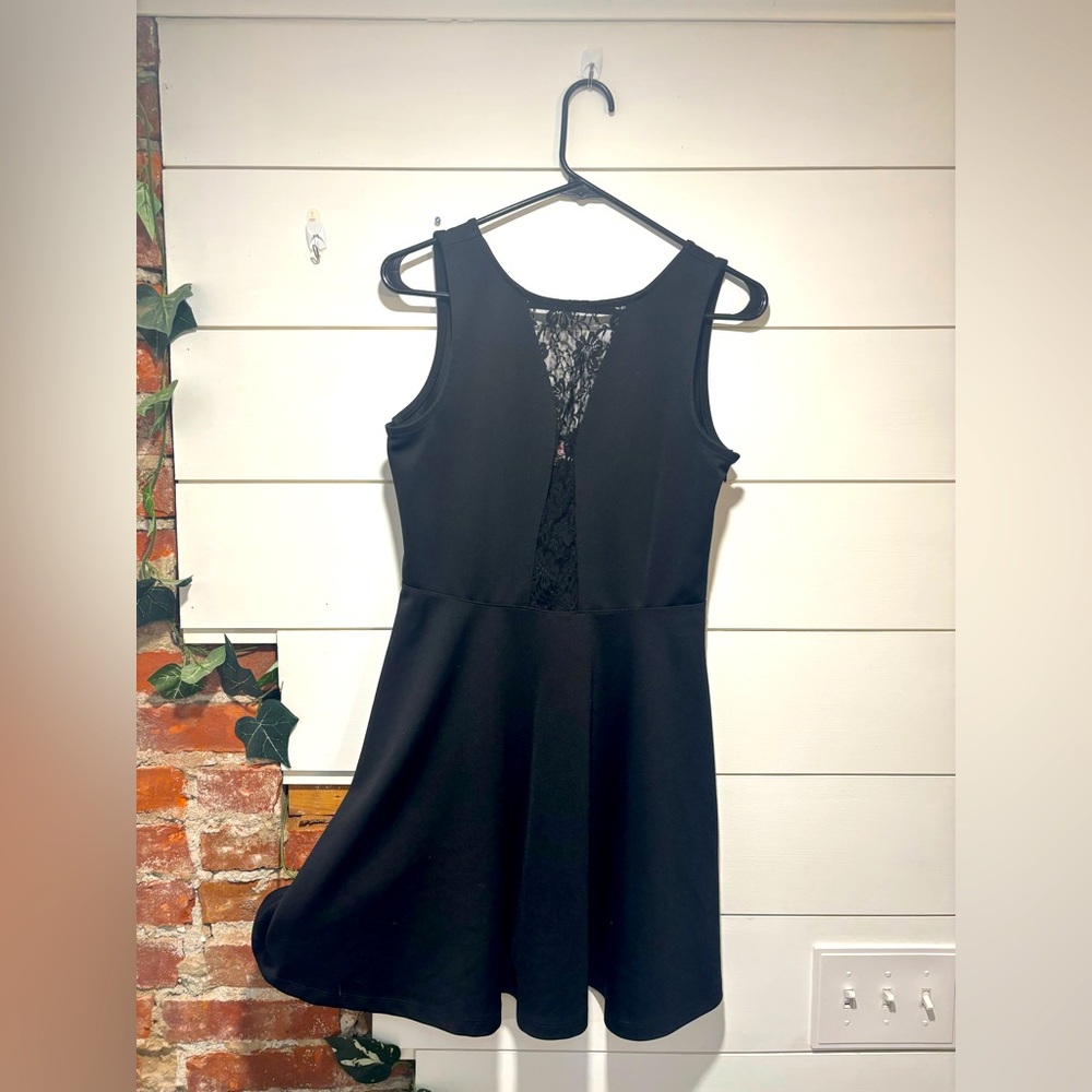 Size US8/UK12, Black Skater Dress with Lace Cleavage Panel by Be Beau